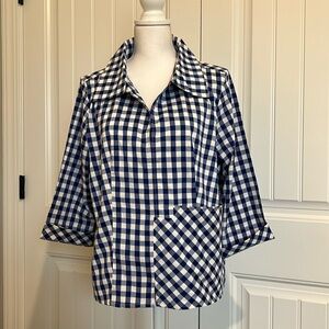 Women’s Cali Girls Shirt M Medium‎ Blue White Checkered Pleated Back Preppy